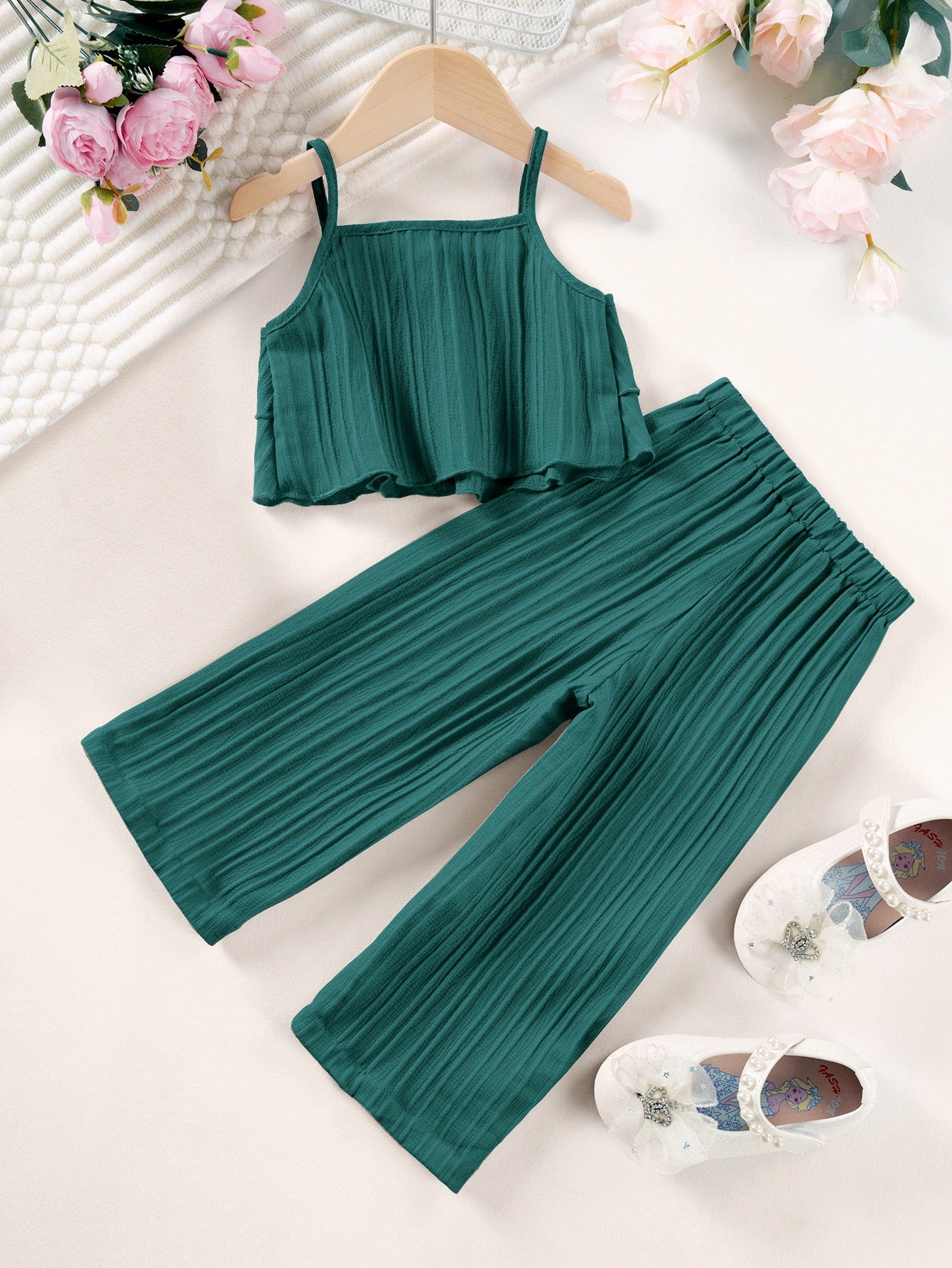 Back view of Mila Breeze deep teal toddler girls ruffle cami wide-leg pants set