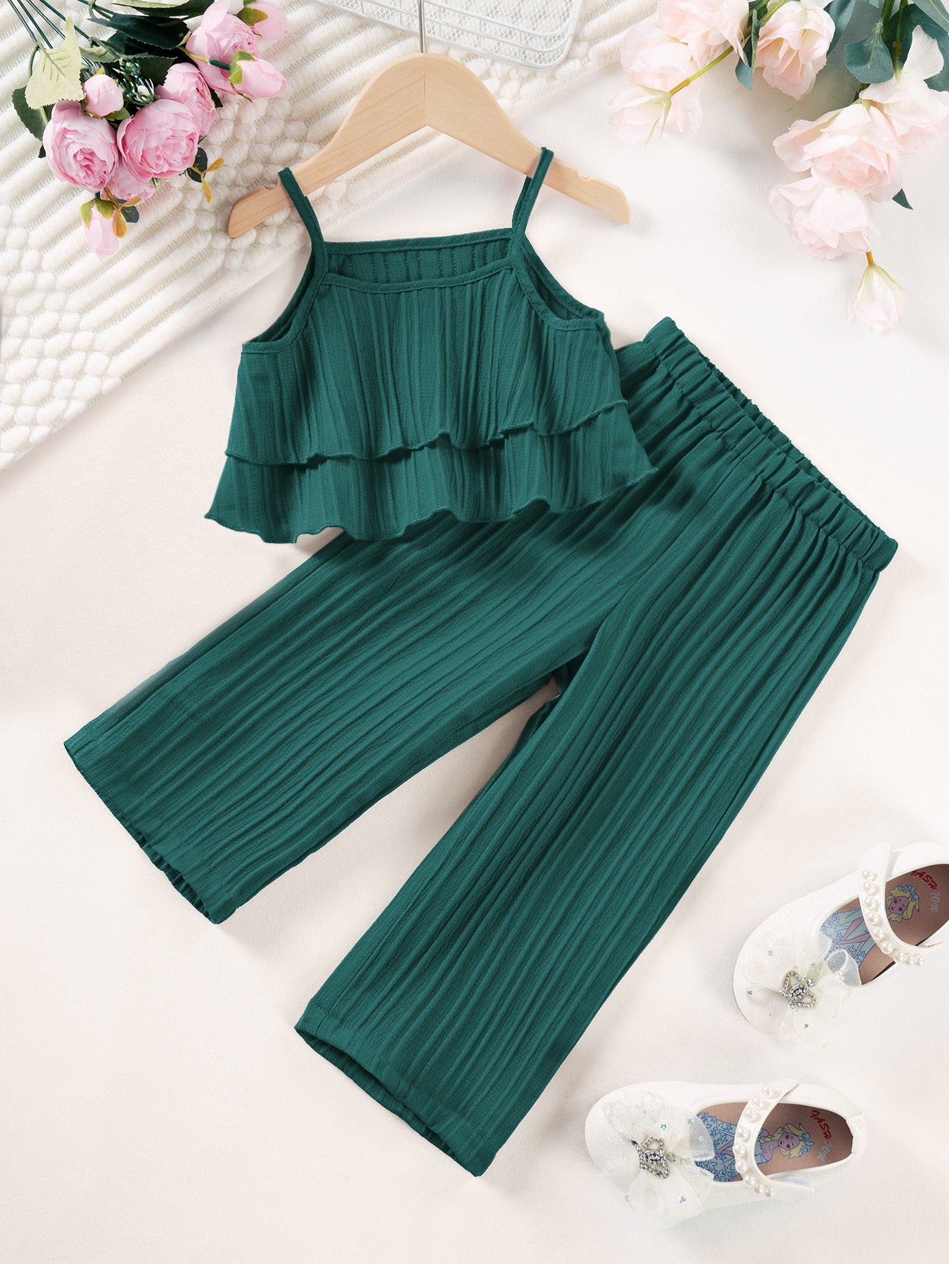 Front view of Mila Breeze deep teal toddler girls ruffle cami wide-leg pants set