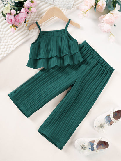 Front view of Mila Breeze deep teal toddler girls ruffle cami wide-leg pants set