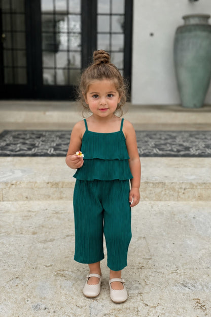 Toddler girl wearing the Mila Breeze deep teal ruffle cami wide-leg pants set