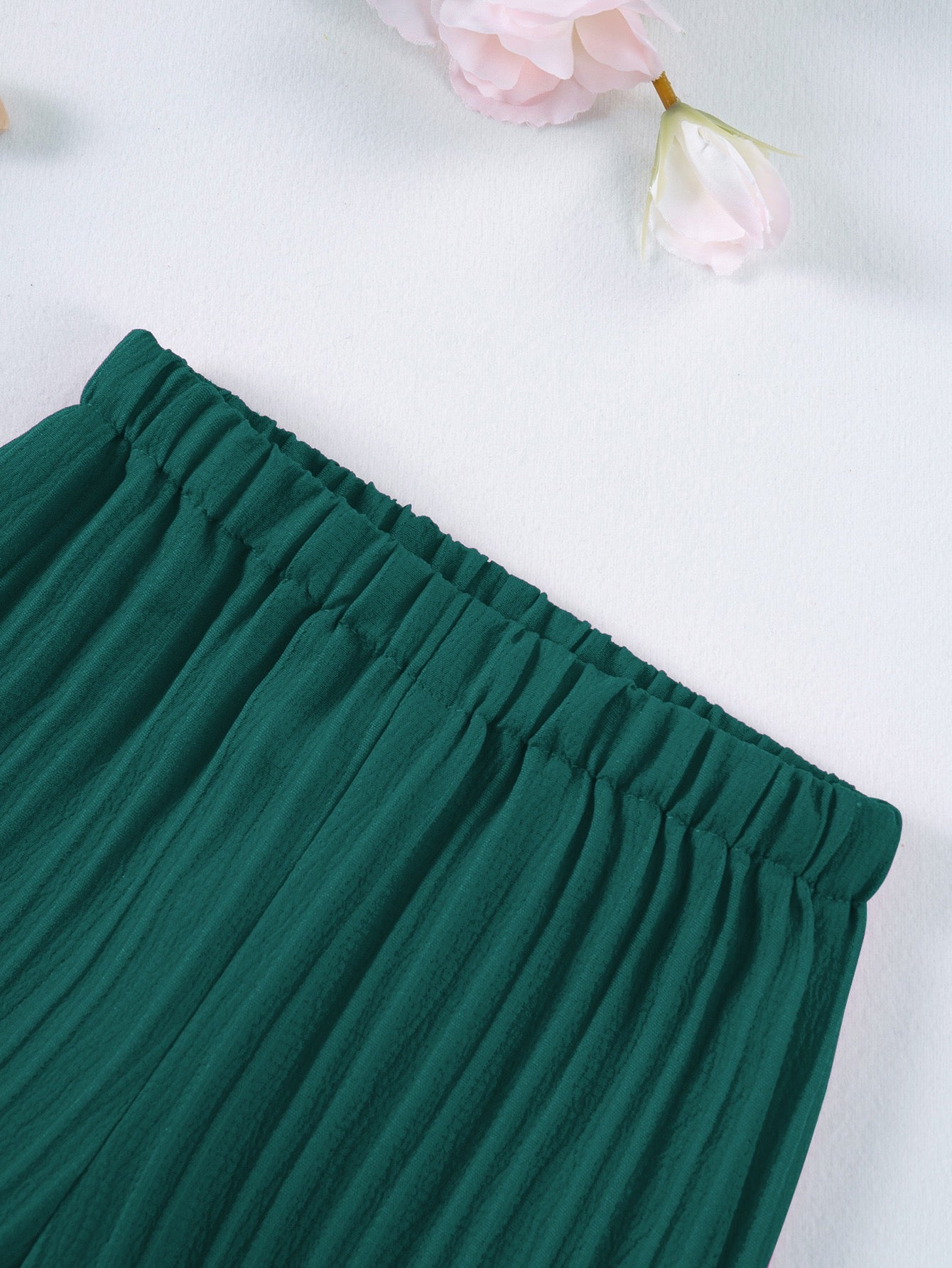 Elastic waist detail on Mila Breeze deep teal wide-leg pants