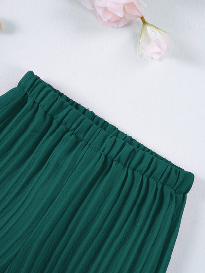 Elastic waist detail on Mila Breeze deep teal wide-leg pants