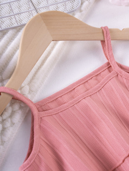 Strap and neckline detail on Mila Breeze dusty rose pink ruffle cami top