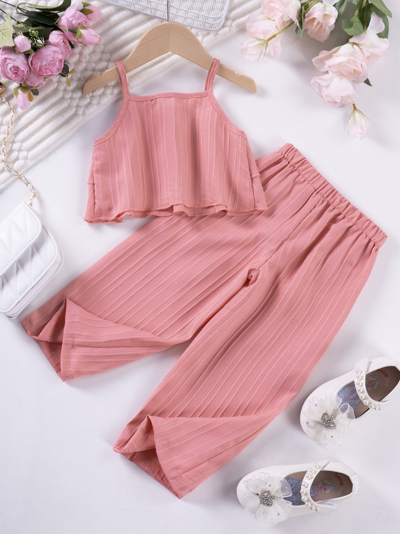 Back view of Mila Breeze dusty rose pink toddler girls ruffle cami wide-leg pants set