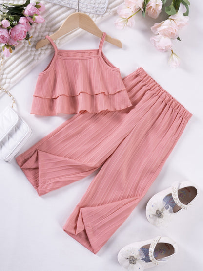 Front view of Mila Breeze dusty rose pink toddler girls ruffle cami wide-leg pants set