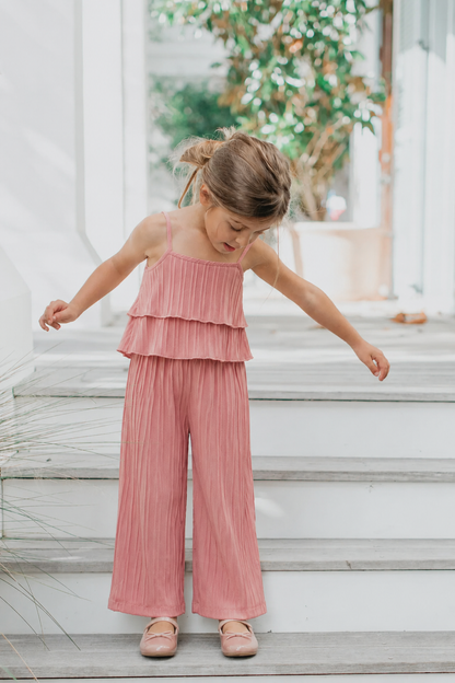 Toddler girl wearing the Mila Breeze dusty rose pink ruffle cami wide-leg pants set