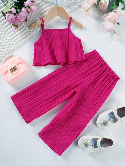 Back view of Mila Breeze fuchsia pink toddler girls ruffle cami wide-leg pants set