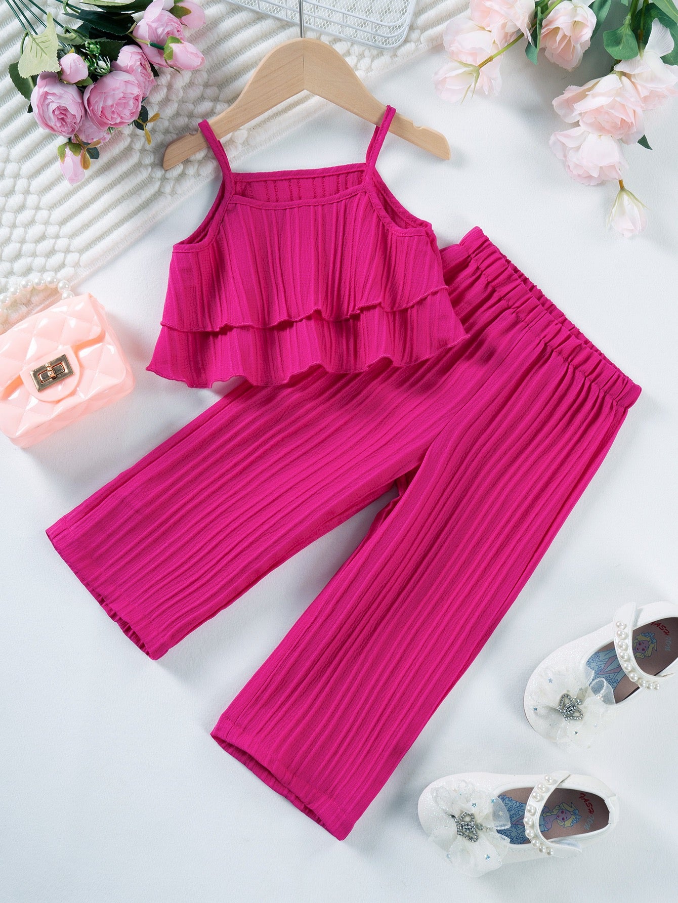 Front view of Mila Breeze fuchsia pink toddler girls ruffle cami wide-leg pants set