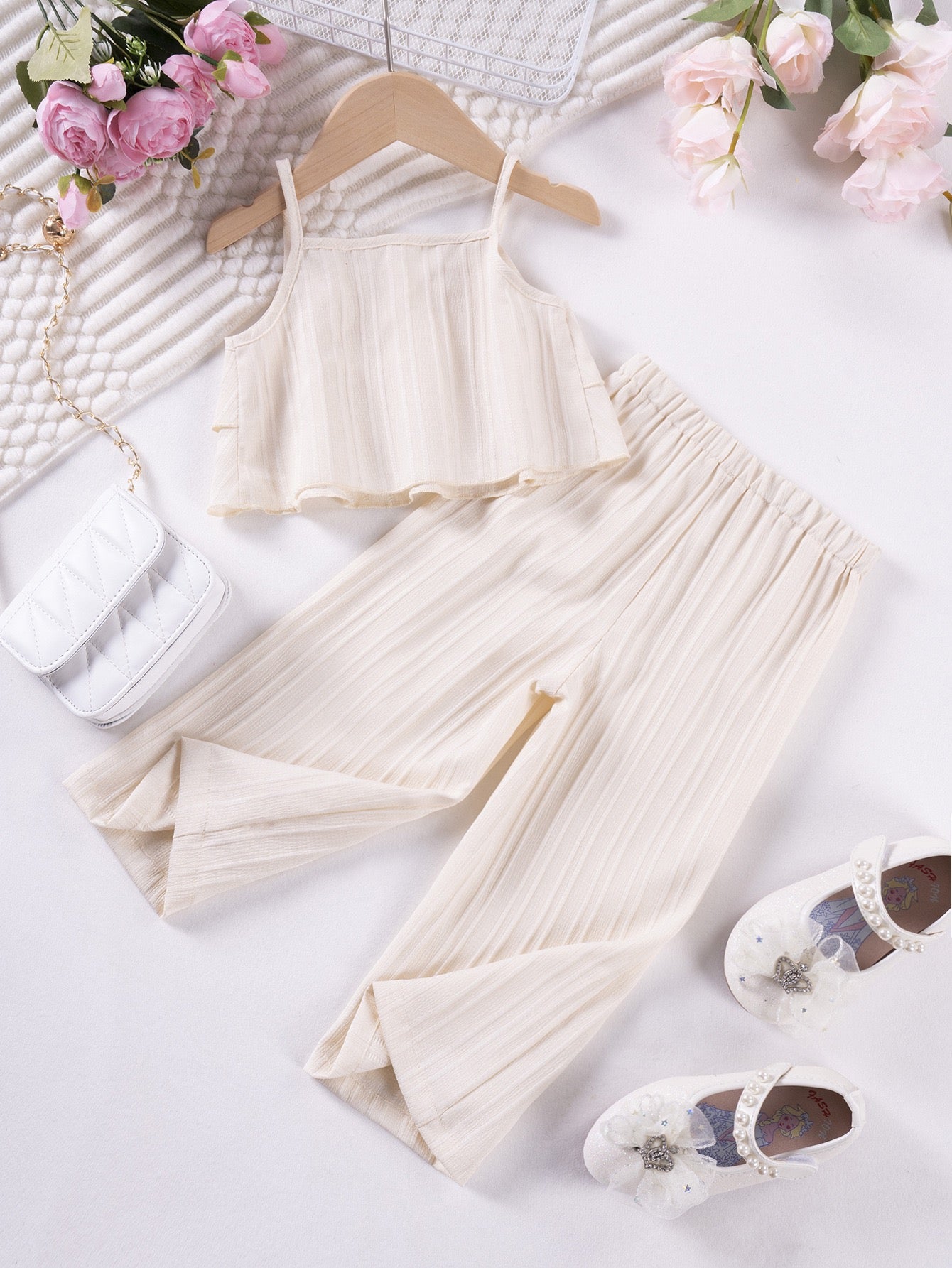 Back view of Mila Breeze ivory cream toddler girls ruffle cami wide-leg pants set