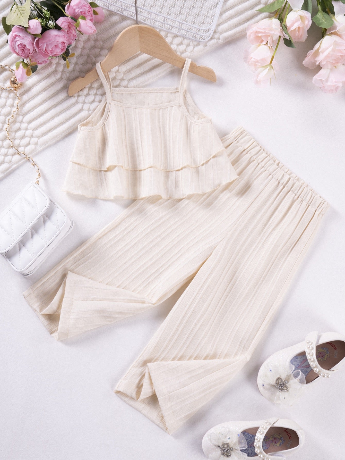 Front view of Mila Breeze ivory cream toddler girls ruffle cami wide-leg pants set