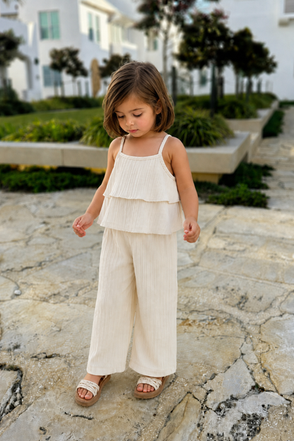 Toddler girl wearing the Mila Breeze ivory cream ruffle cami wide-leg pants set