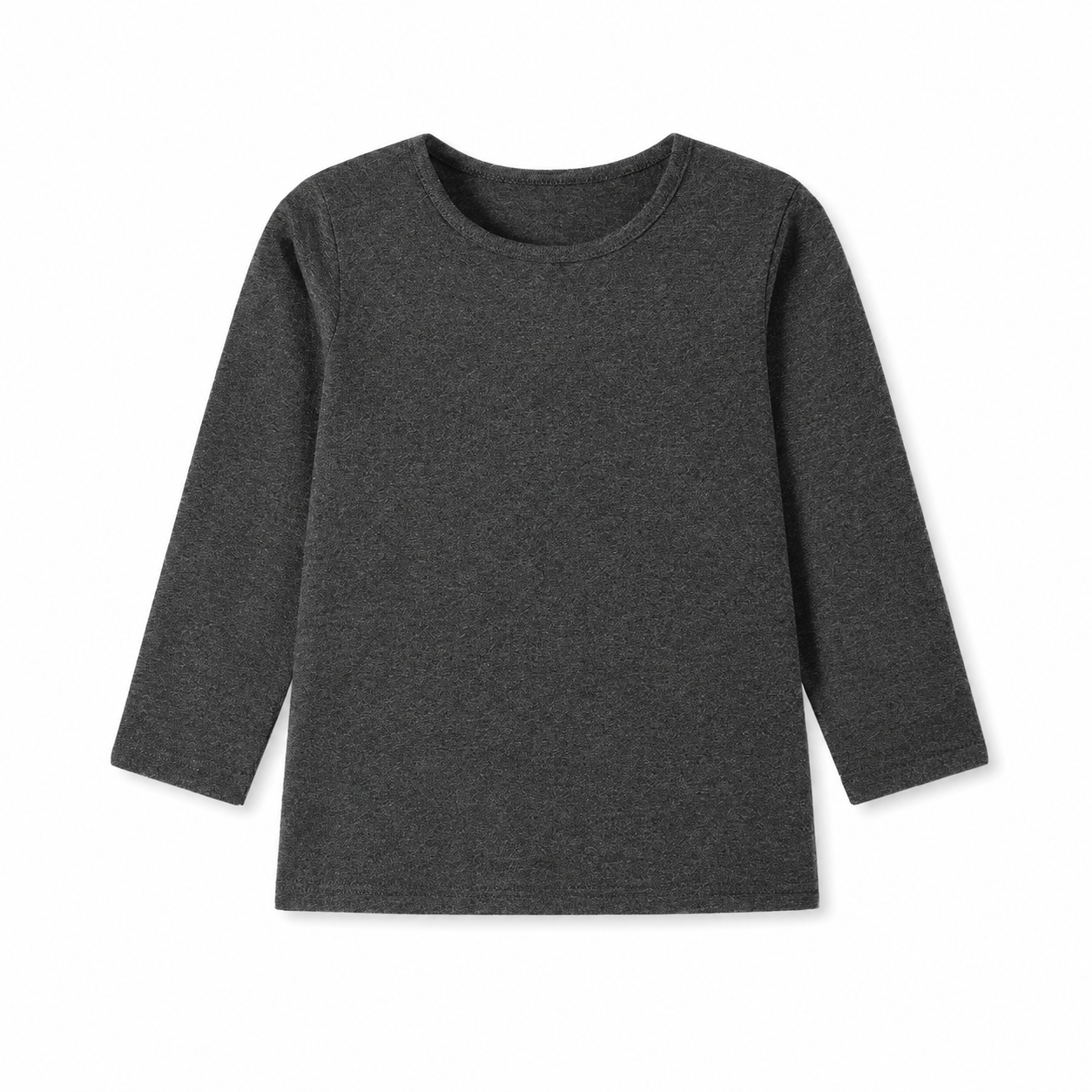 Front flat lay of the charcoal kids cotton long sleeve tee.