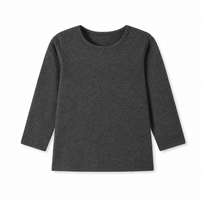 Front flat lay of the charcoal kids cotton long sleeve tee.