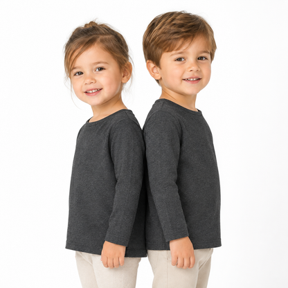 Two child models wearing the charcoal unisex kids long sleeve cotton tee.
