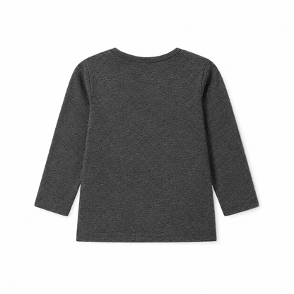 Back flat lay of the charcoal kids cotton long sleeve shirt.
