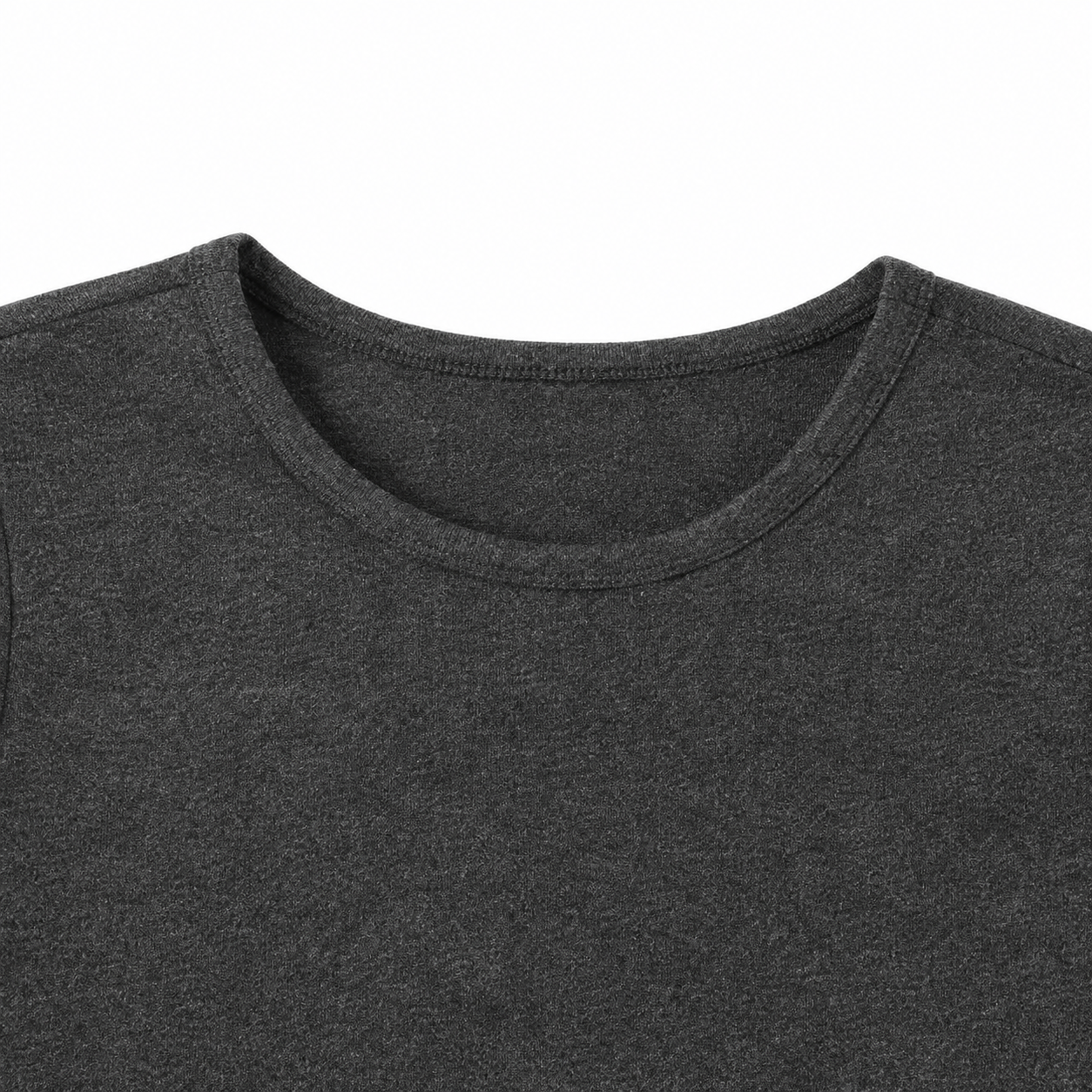 Close-up of the crew neckline on the charcoal kids long sleeve tee.