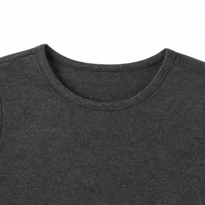 Close-up of the crew neckline on the charcoal kids long sleeve tee.