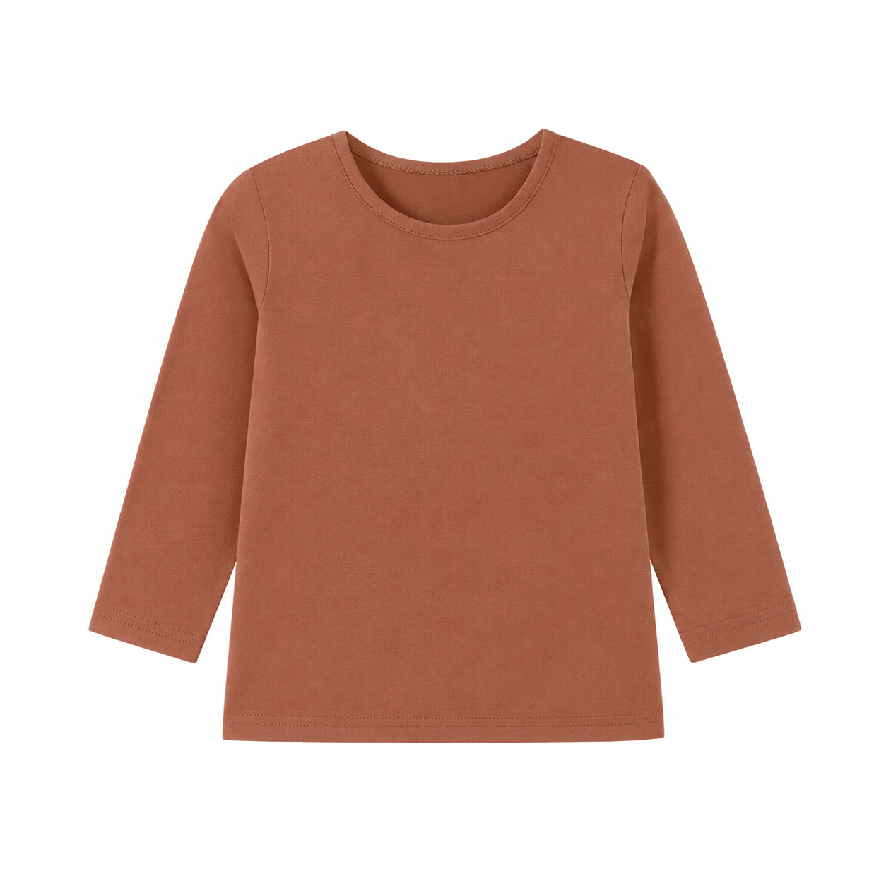 Front flat lay of the terracotta kids cotton long sleeve tee.