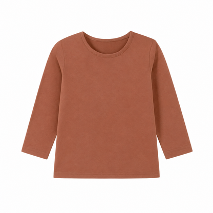 Front flat lay of the terracotta kids cotton long sleeve tee.