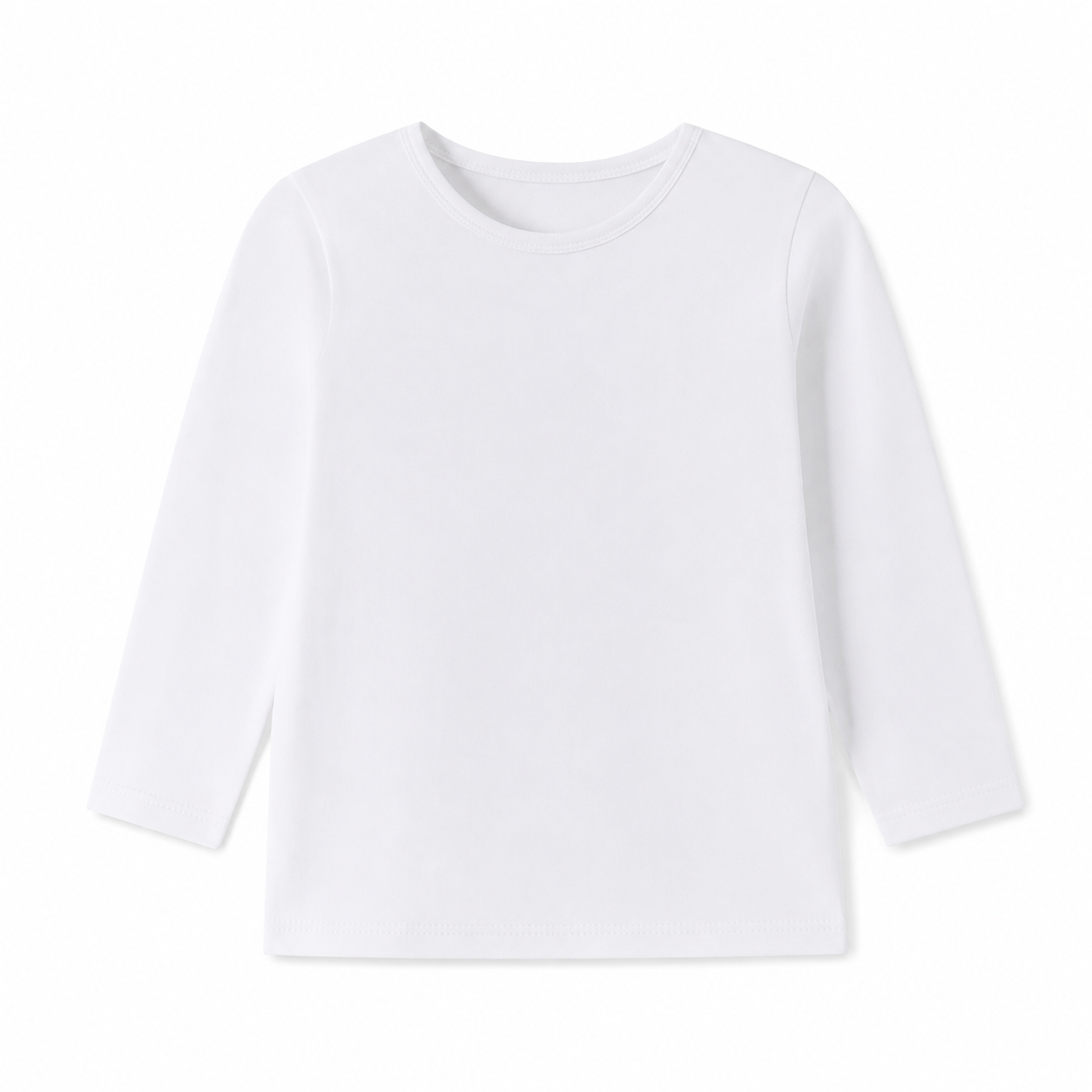 Front flat lay of the white kids cotton long sleeve tee.