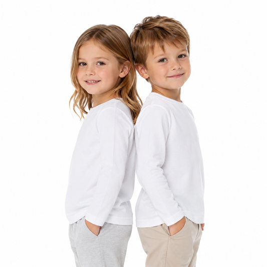 Two child models wearing the white unisex kids long sleeve cotton tee.