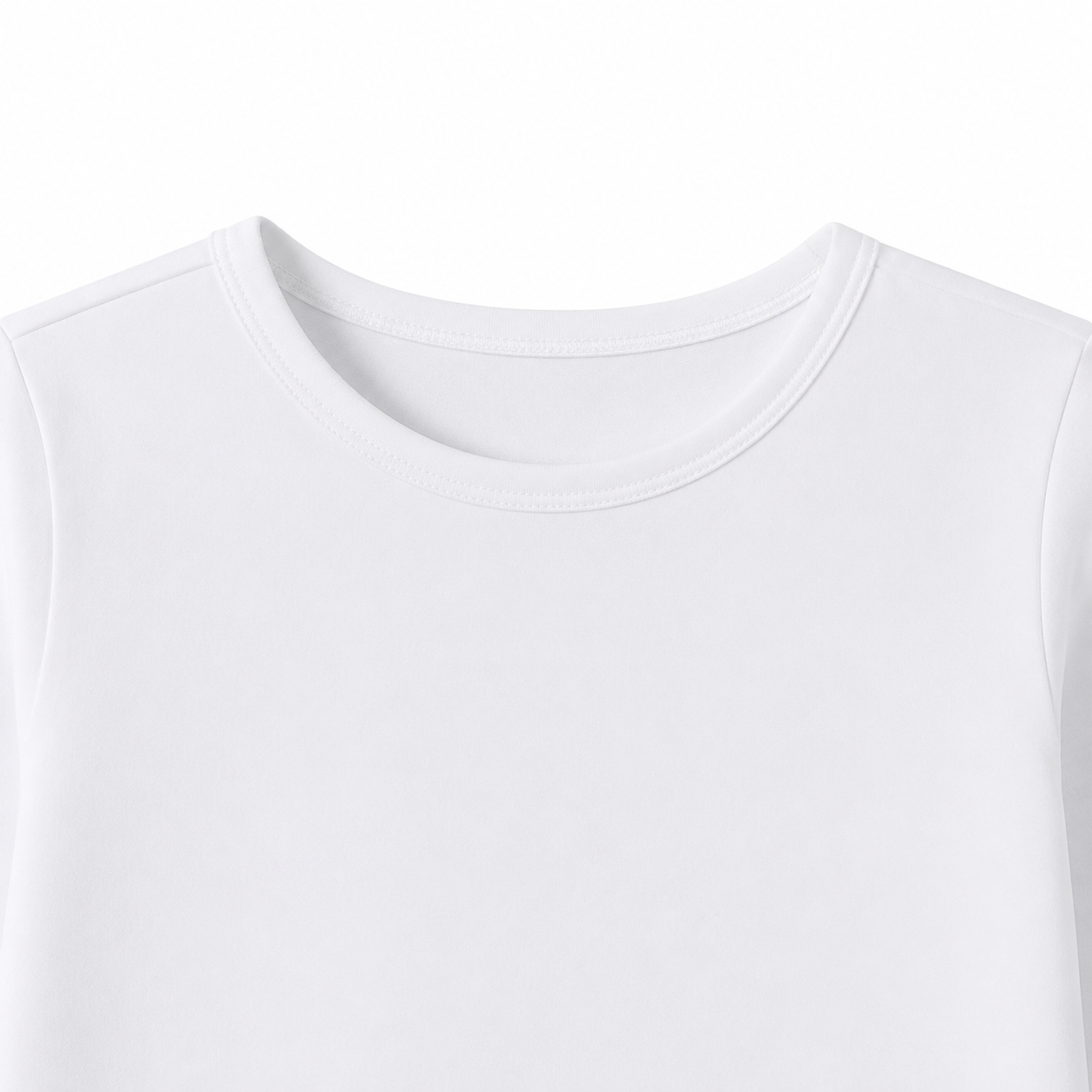 Close-up of the crew neckline on the white kids long sleeve tee.