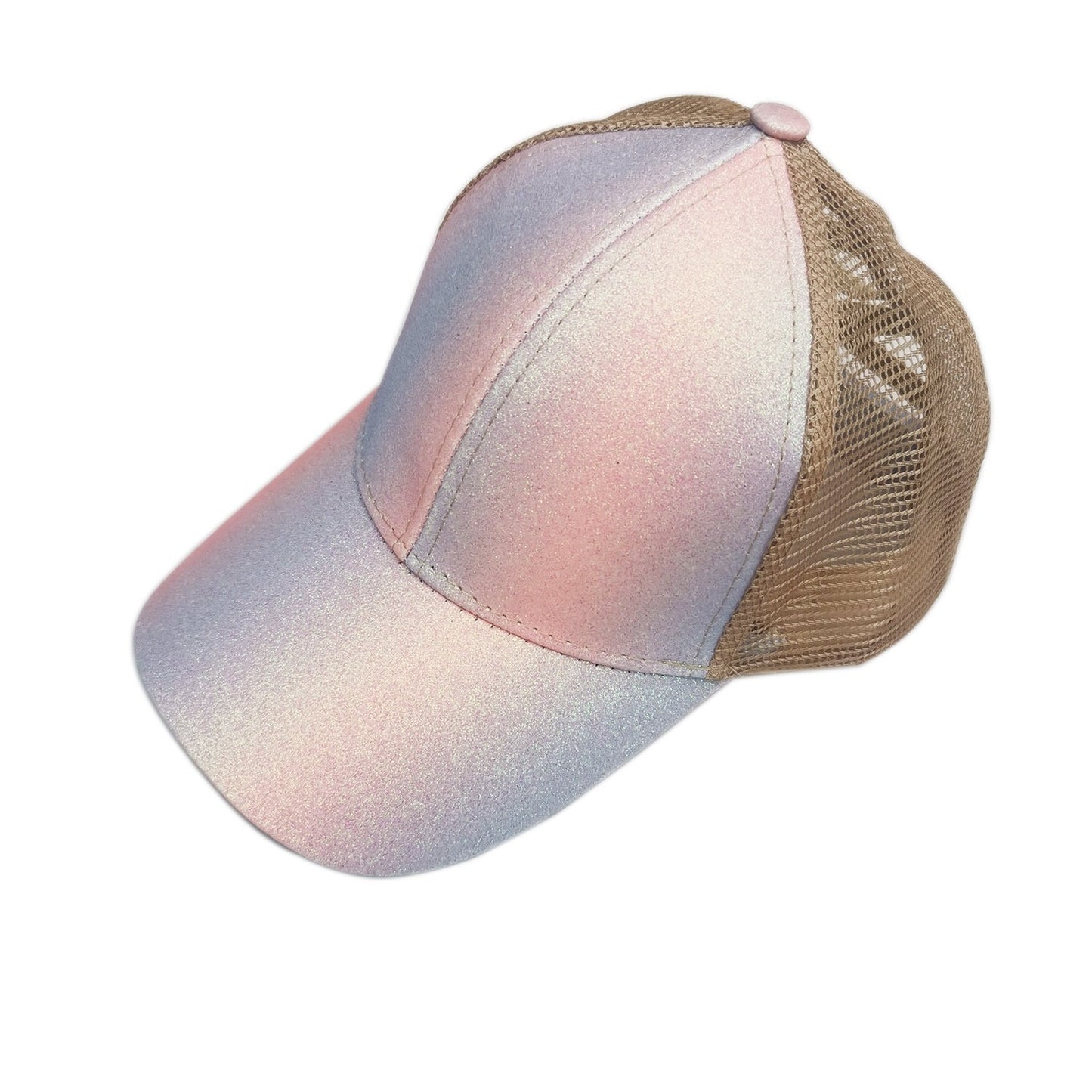 Pastel Glow Ponytail Trucker Hat in pink and lavender with breathable mesh back.