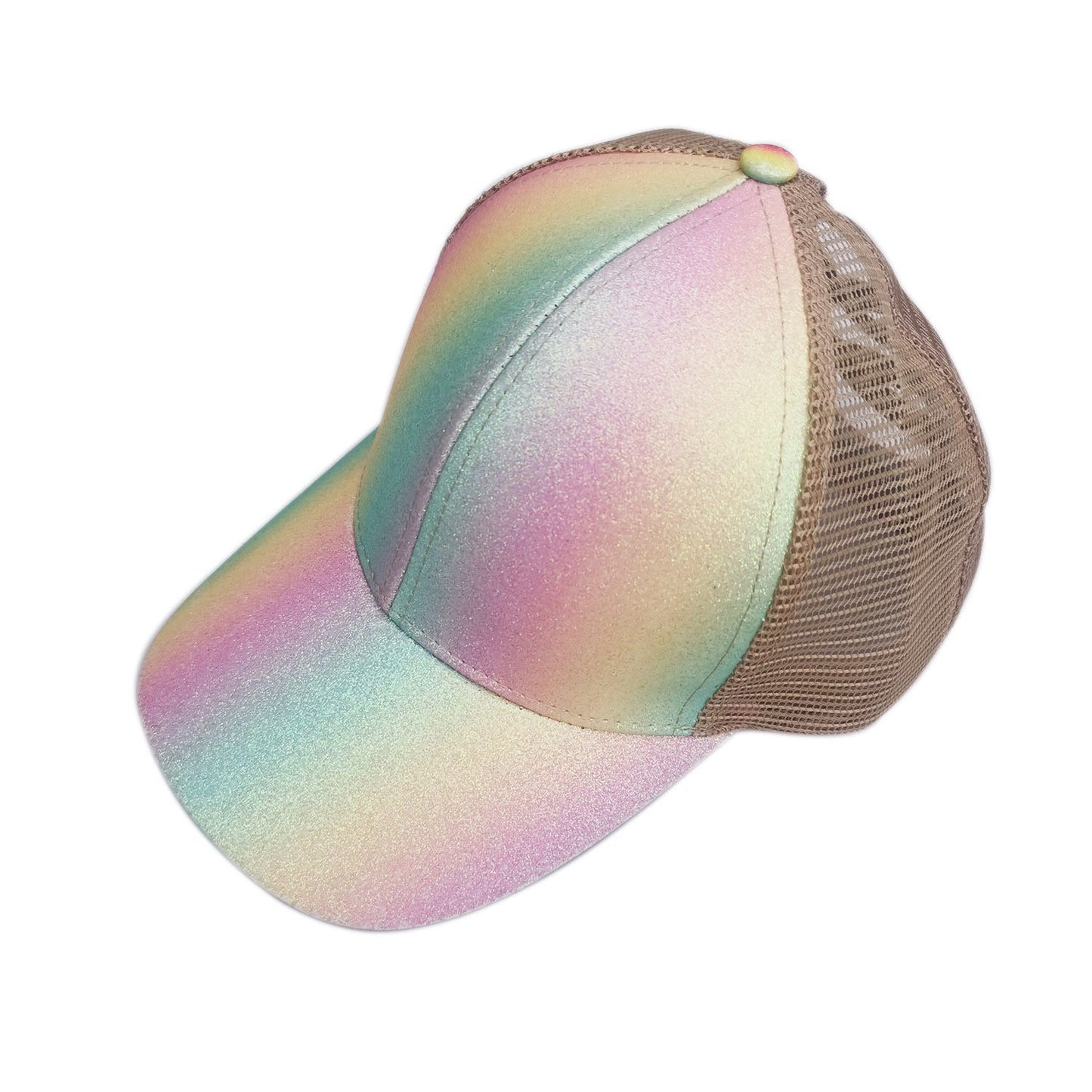 Pastel Glow Ponytail Trucker Hat in rainbow pastel colors with mesh back.