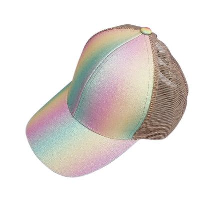 Pastel Glow Ponytail Trucker Hat in rainbow pastel colors with mesh back.