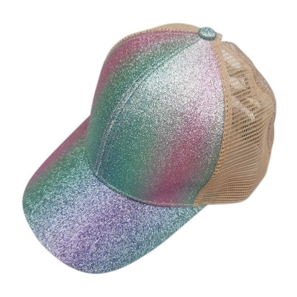 Pastel Glow Ponytail Trucker Hat with teal, pink, and silver glitter finish.
