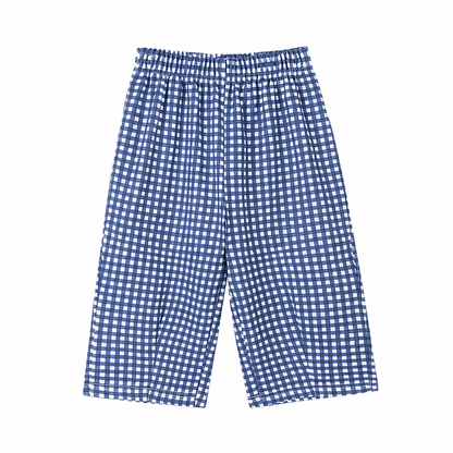 Blue gingham girls cotton pants front flat lay