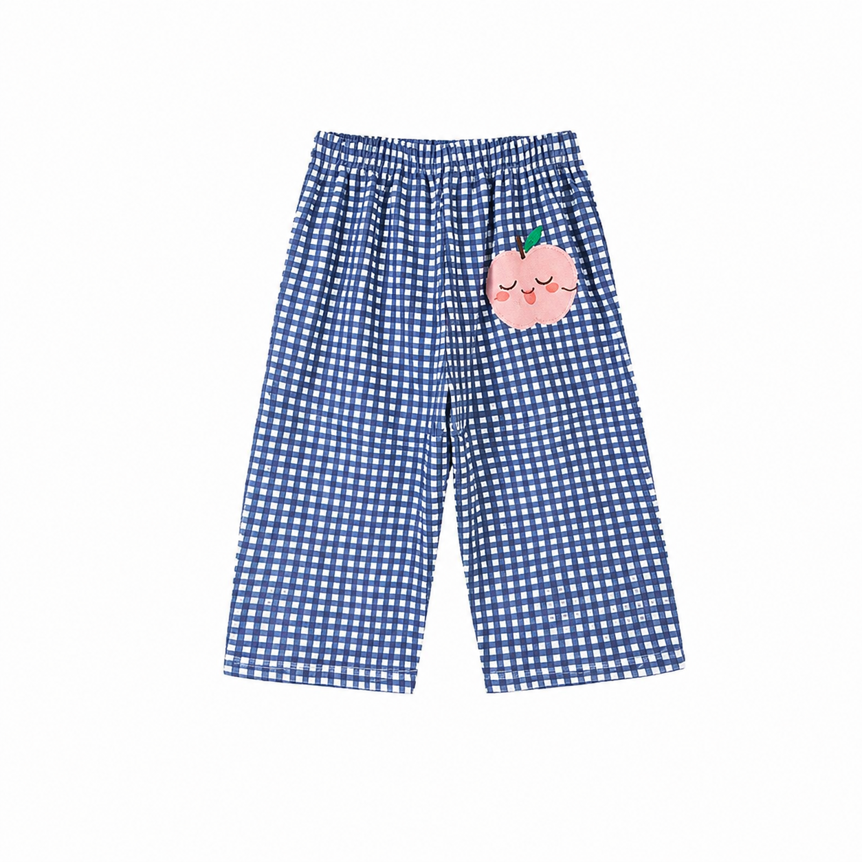 Blue gingham girls pants back view with peach patch detail