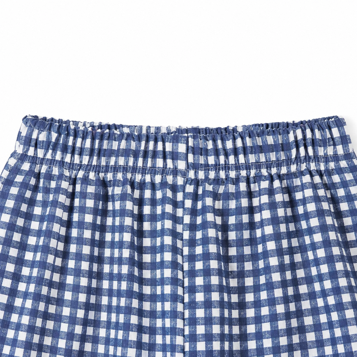 Blue gingham girls cotton pants elastic waistband close-up