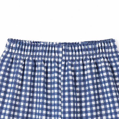 Blue gingham girls cotton pants elastic waistband close-up