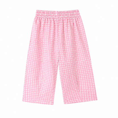 Pink gingham girls cotton pants front flat lay
