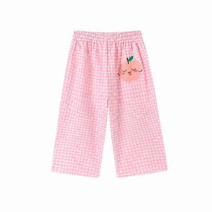 Pink gingham girls pants back view with peach patch detail