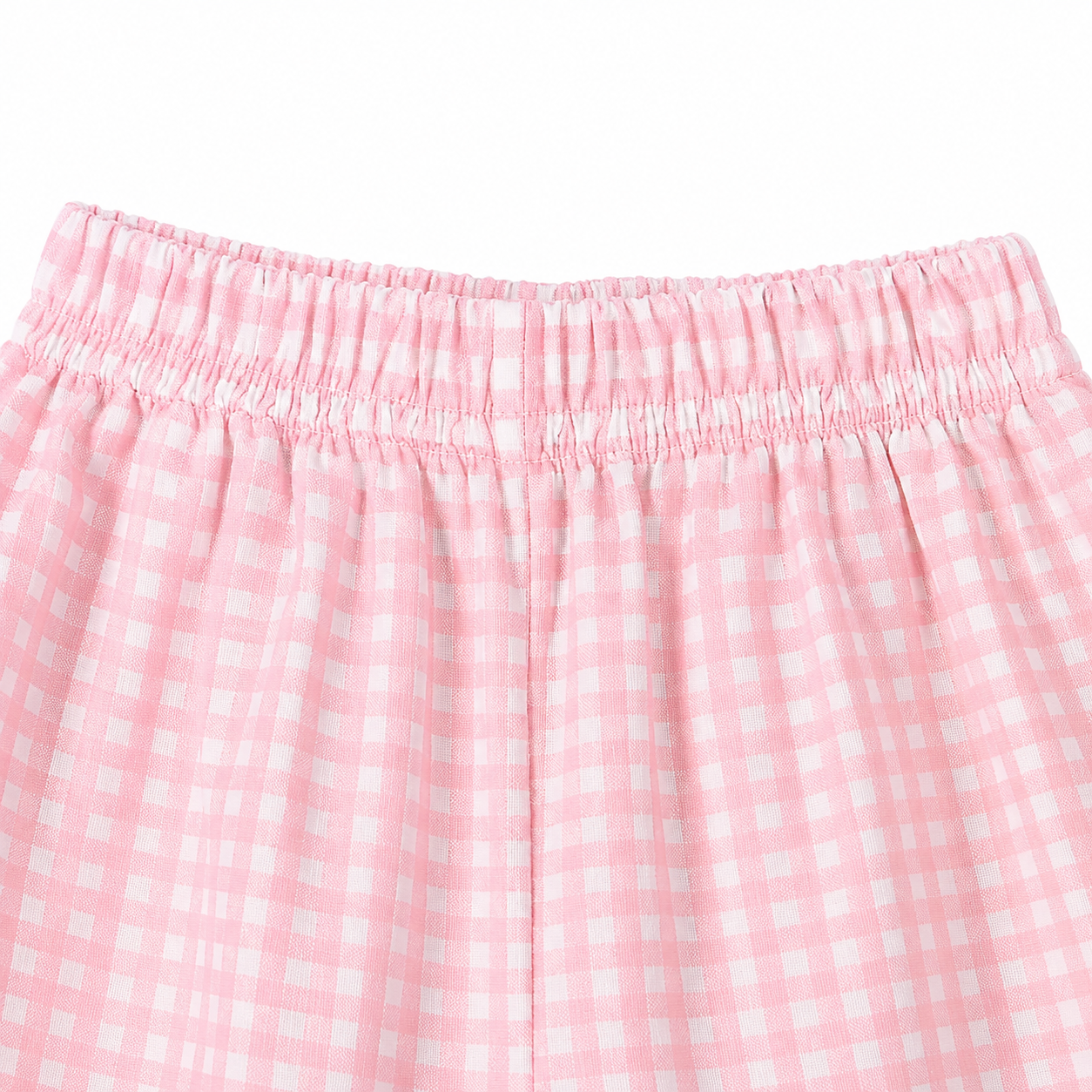 Pink gingham girls cotton pants elastic waistband close-up