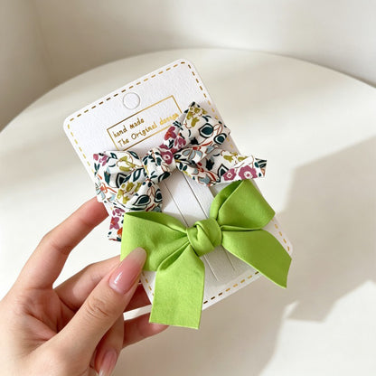 Petal Bloom Bow Clip Set with vintage floral bow and lime green bow clips.