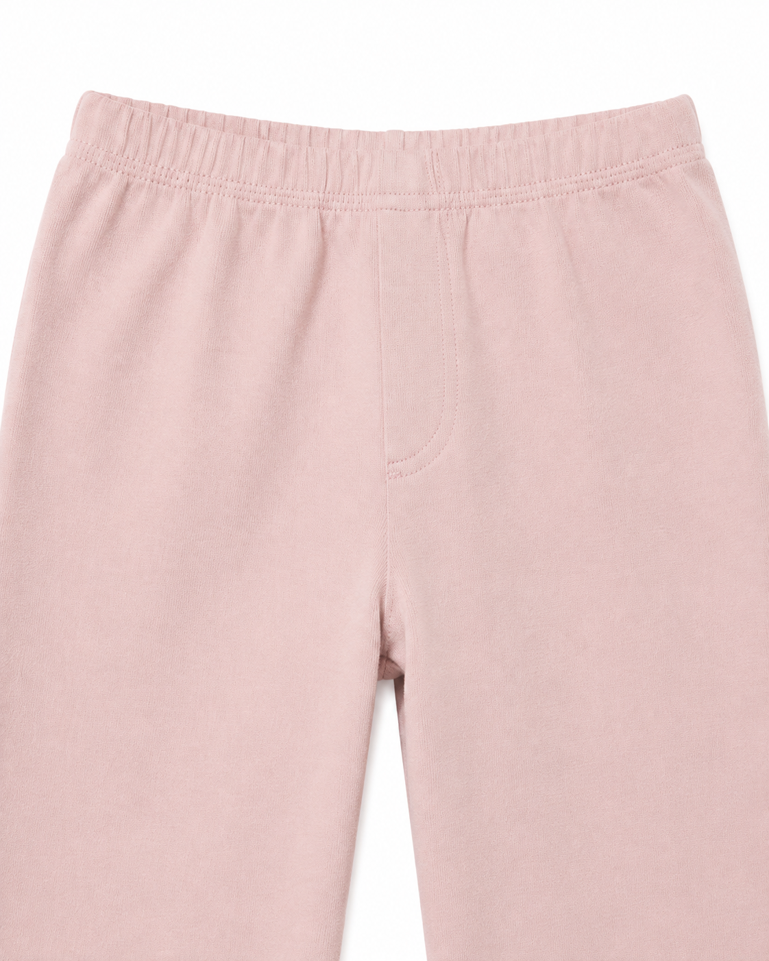 Close-up of the elastic waistband on the blush pink girls leggings.