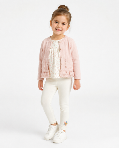 Girl model wearing the ivory cotton leggings with a small flower detail near the ankle.