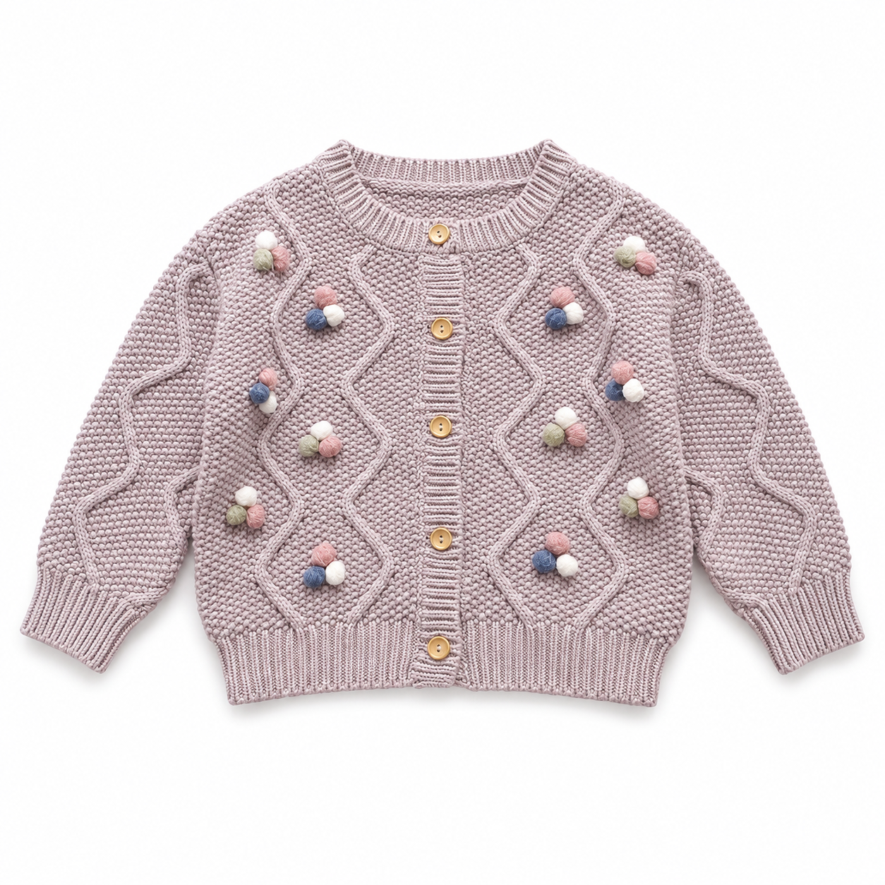 Front flat lay of the dusty mauve girls cable knit cardigan with colorful pom blossom details.
