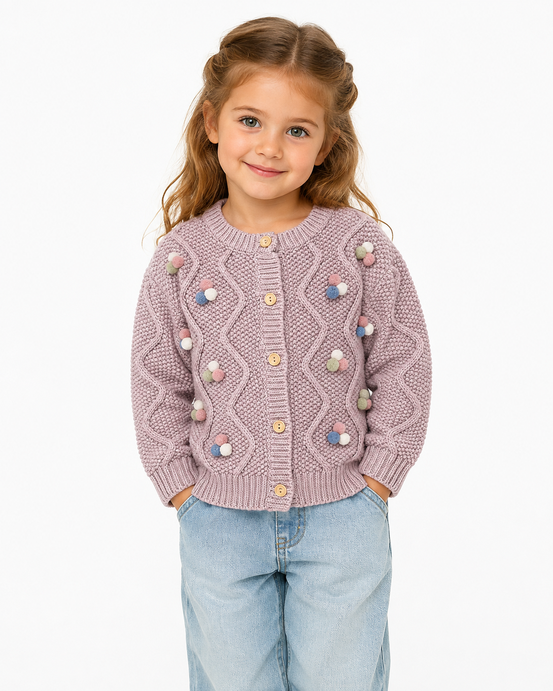 Girl model wearing the dusty mauve cable knit cardigan with button front and pom blossom details.