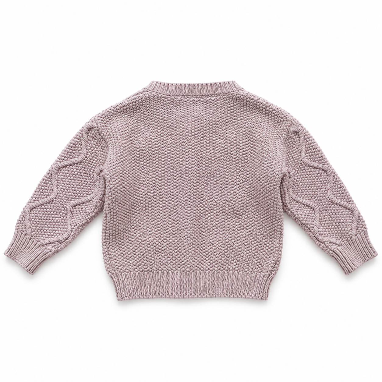 Back flat lay of the dusty mauve girls cable knit cardigan showing the knit texture and ribbed hem.