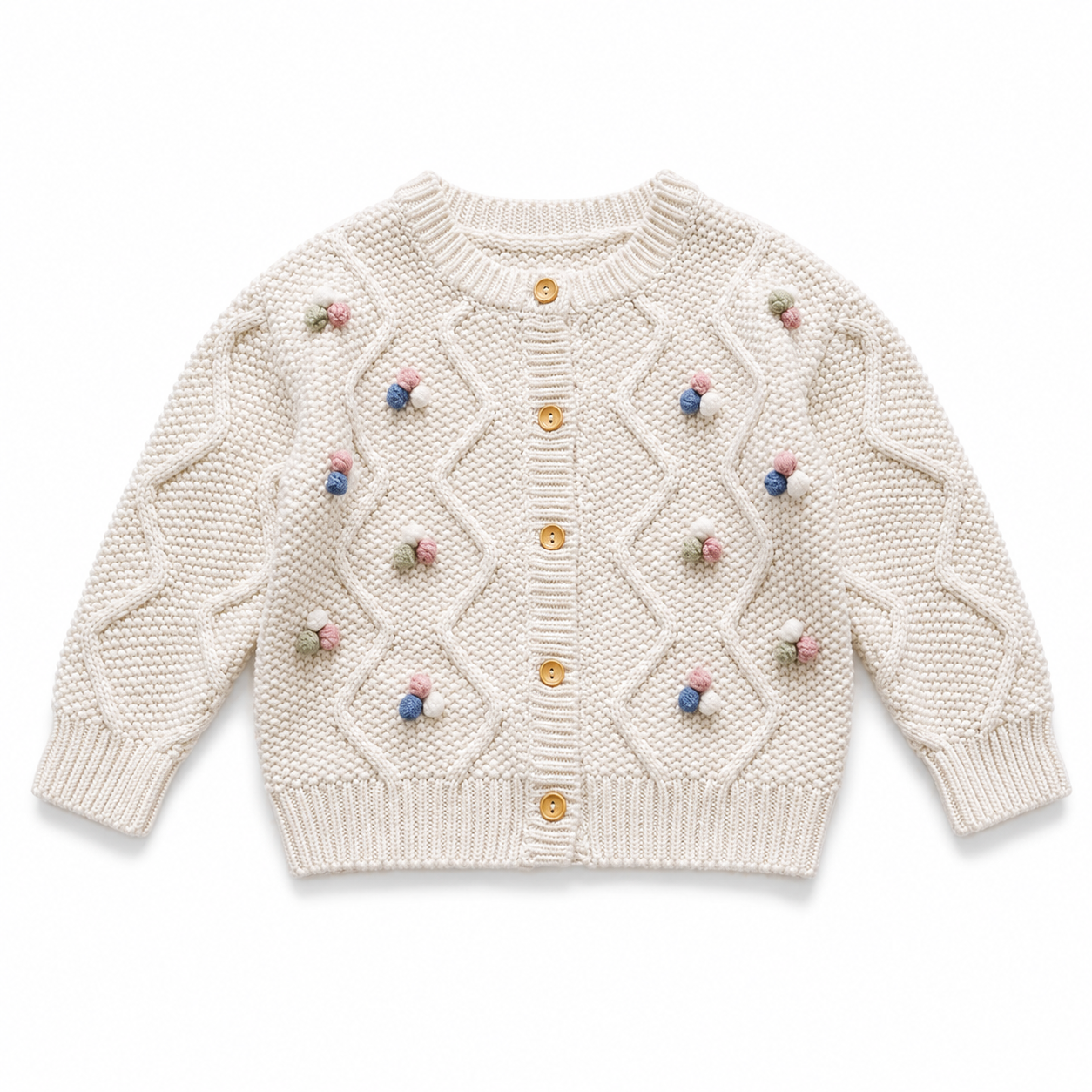 Front flat lay of the ivory girls cable knit cardigan with colorful pom blossom details.
