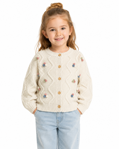 Girl model wearing the ivory cable knit cardigan with button front and pom blossom details.