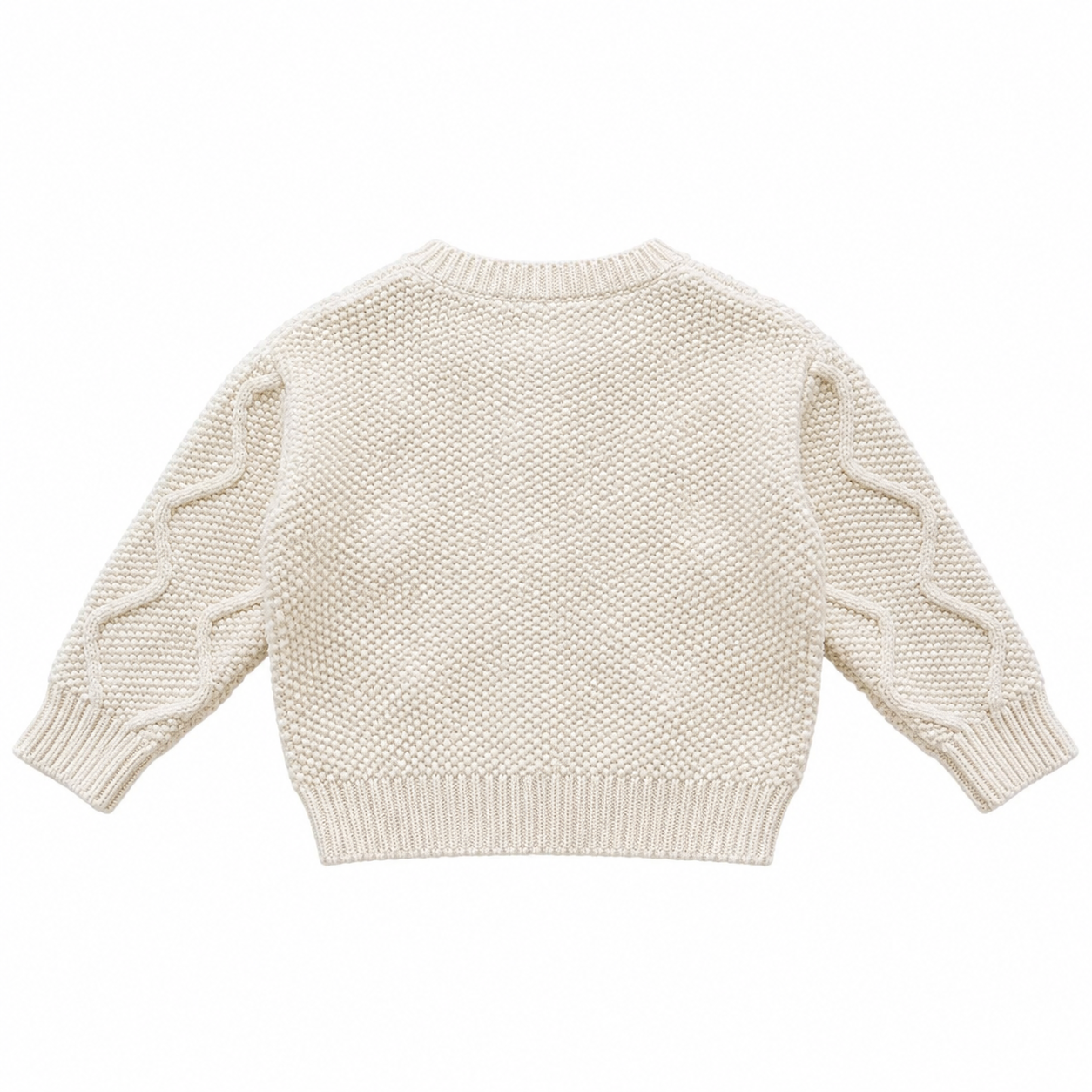 Back flat lay of the ivory girls cable knit cardigan showing the knit texture and ribbed hem.