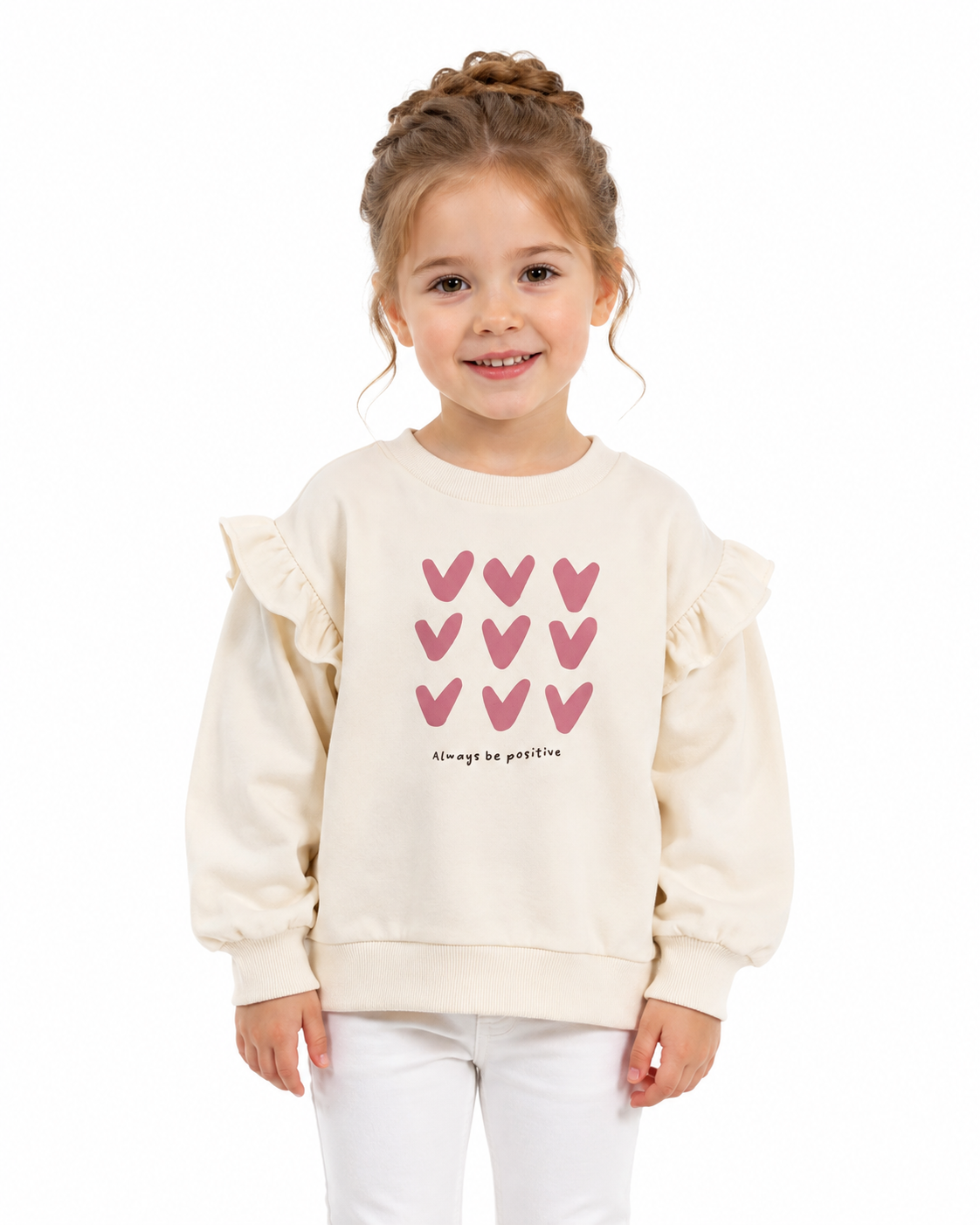 Girl model wearing the ivory ruffle crewneck sweatshirt.