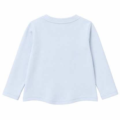 Back flat lay of the plain Powder Blue girls cotton long sleeve top on a white background.