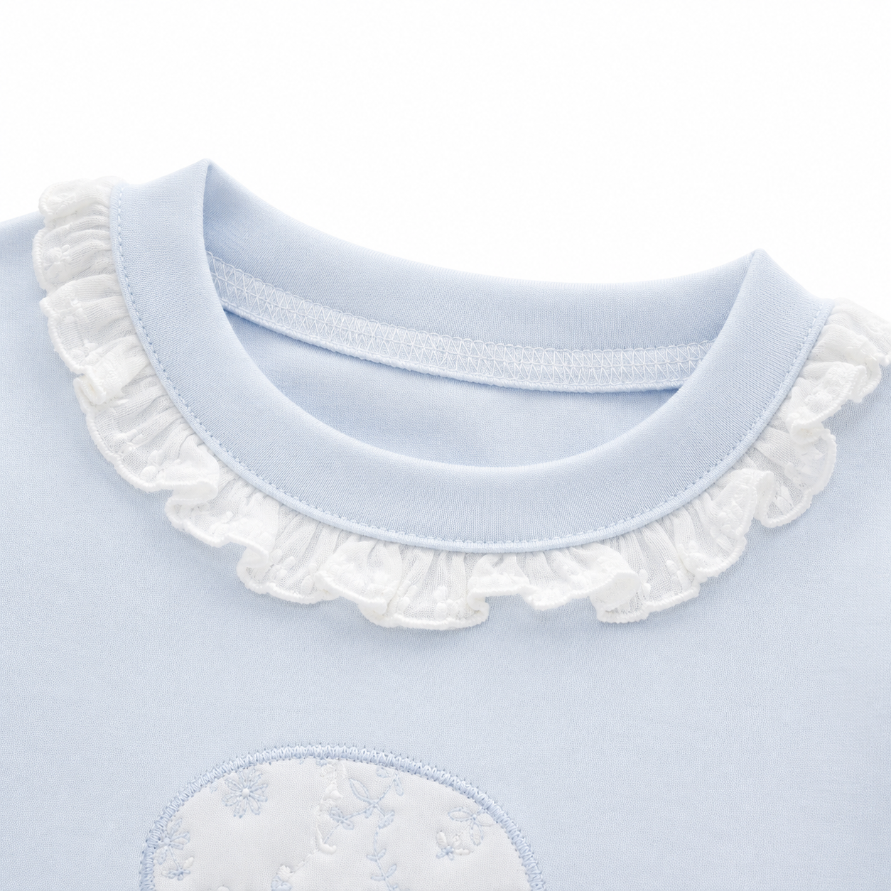 Close-up of the ruffle-trim crew neckline on the Powder Blue girls cotton long sleeve top.