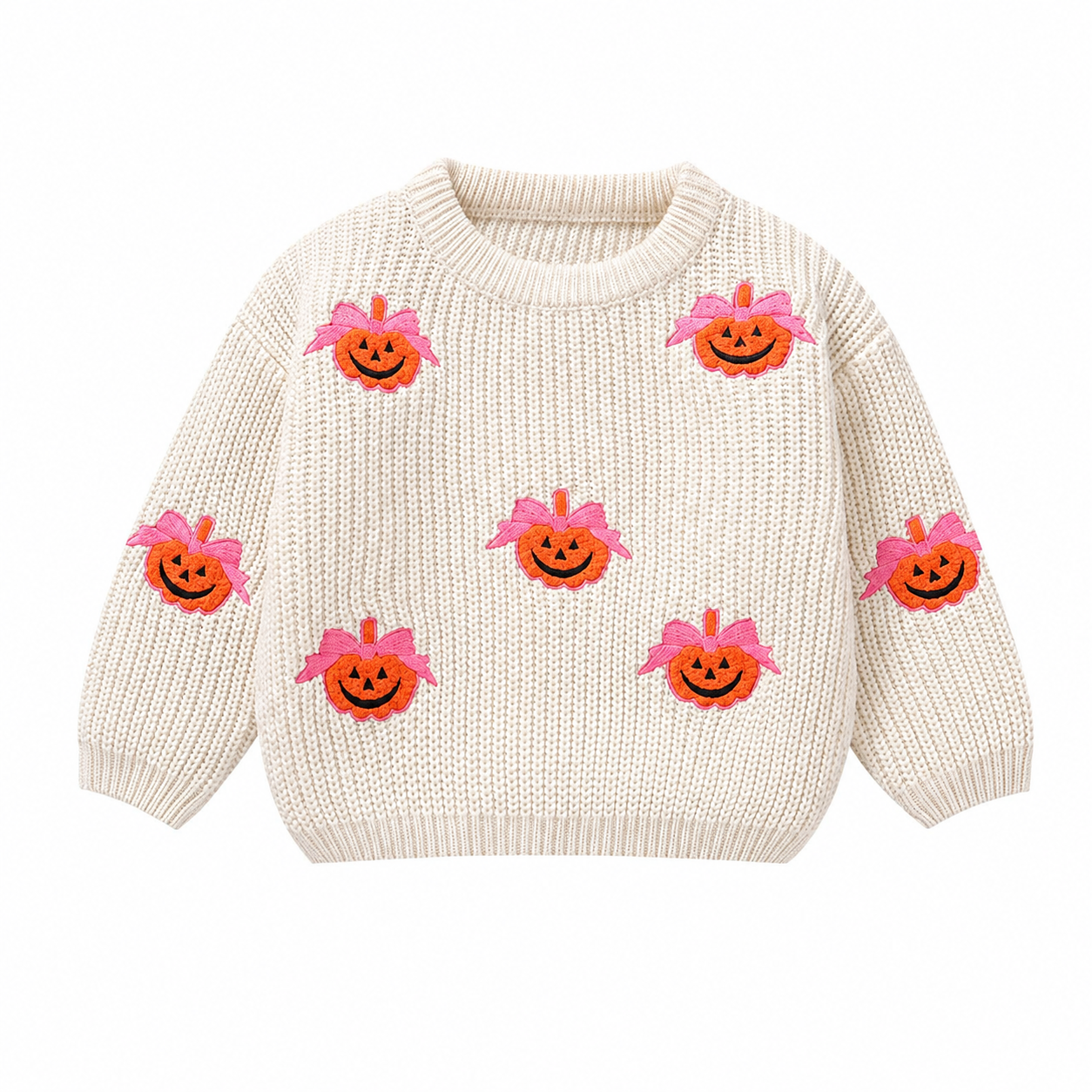 Cream girls sweater with pumpkin embroidery front view